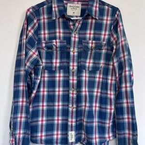 Abercrombie & Fitch Men's Navy and Red Plaid Shirt